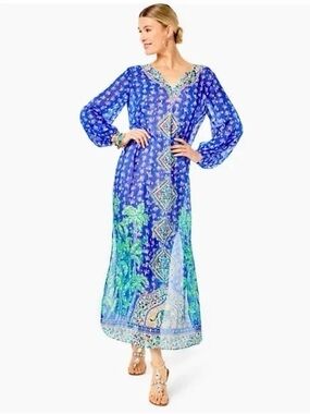 Lilly Pulitzer Jupiter Silk Maxi Caftan Blue Fan Favorite L/XL